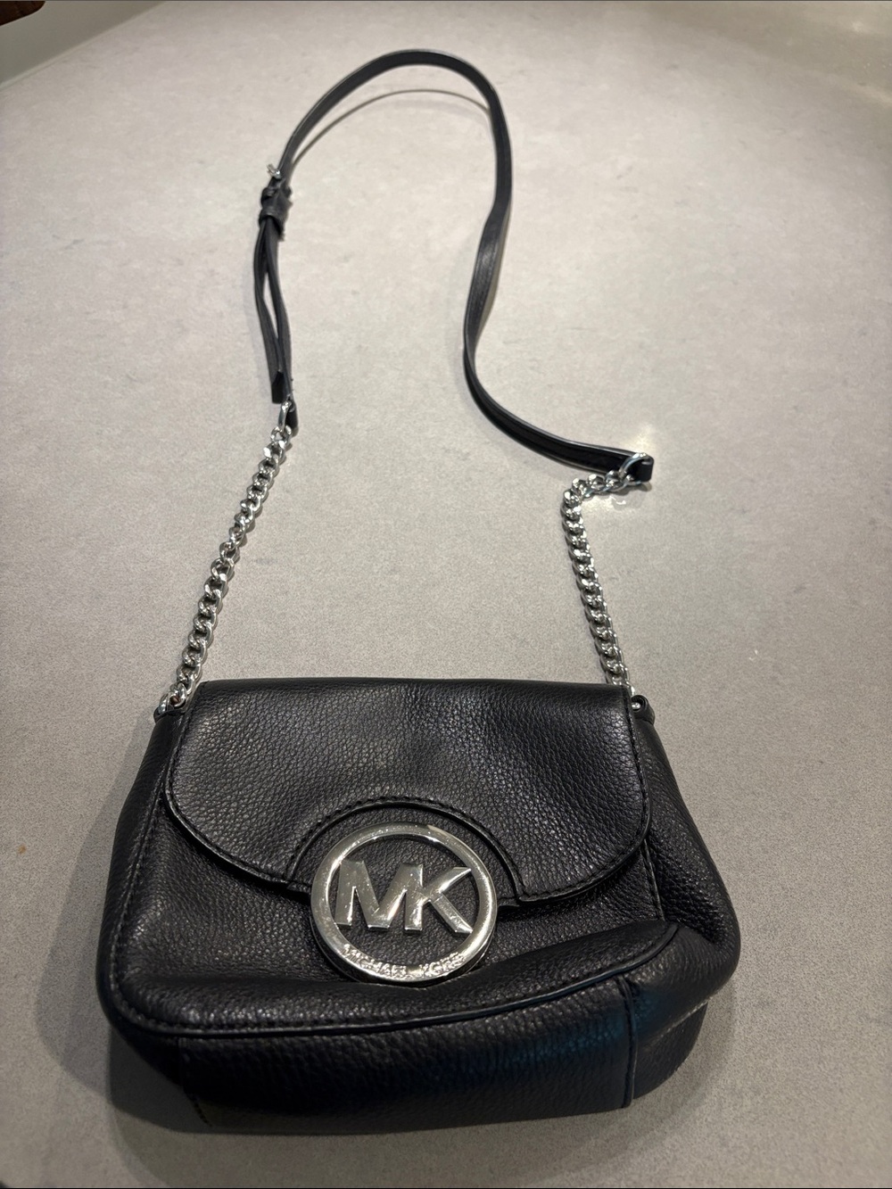 Michael Kors Black Leather Crossbody with Silver MK Emblem